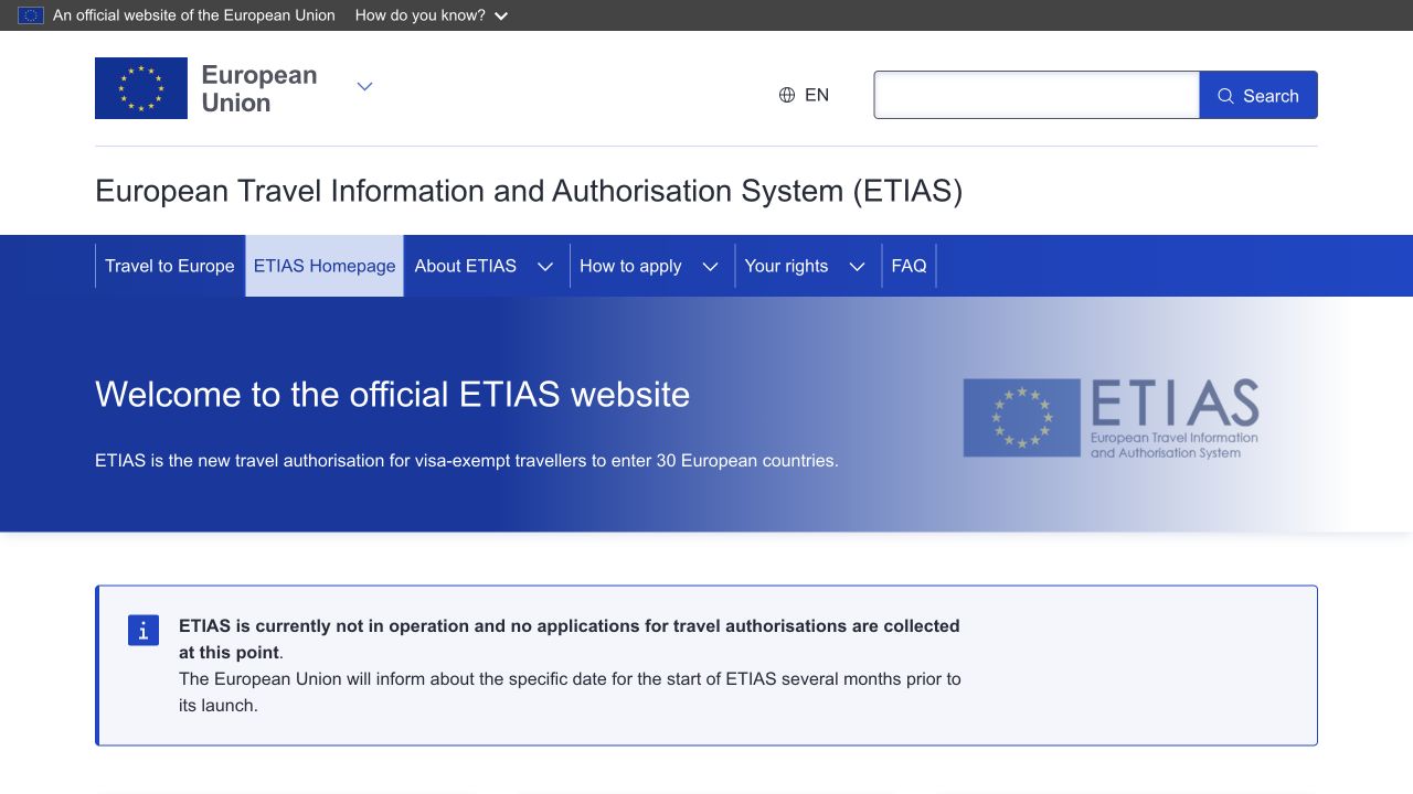 European Union — ETIAS: Check whether ETIAS is operating; current public page