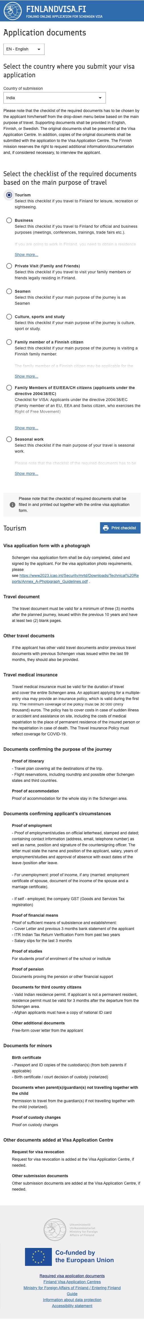 Finland Visa — public India tourism checklist: Choose residence and purpose before reading the list; current public page