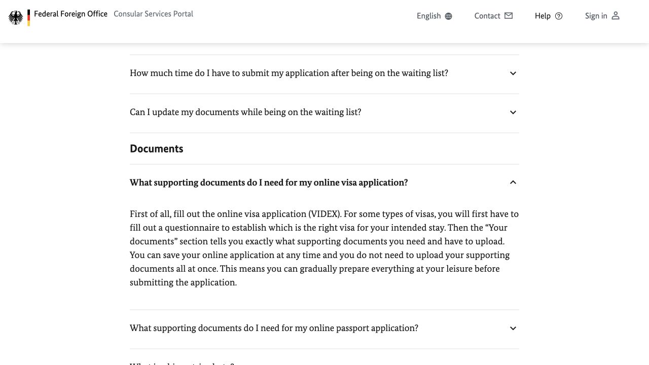 Federal Foreign Office — Consular Services Portal FAQ: Find the list in Your documents; current public page