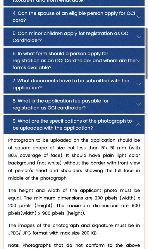 Ministry of Home Affairs — OCI FAQ: Check the current OCI photo upload limits; current public page