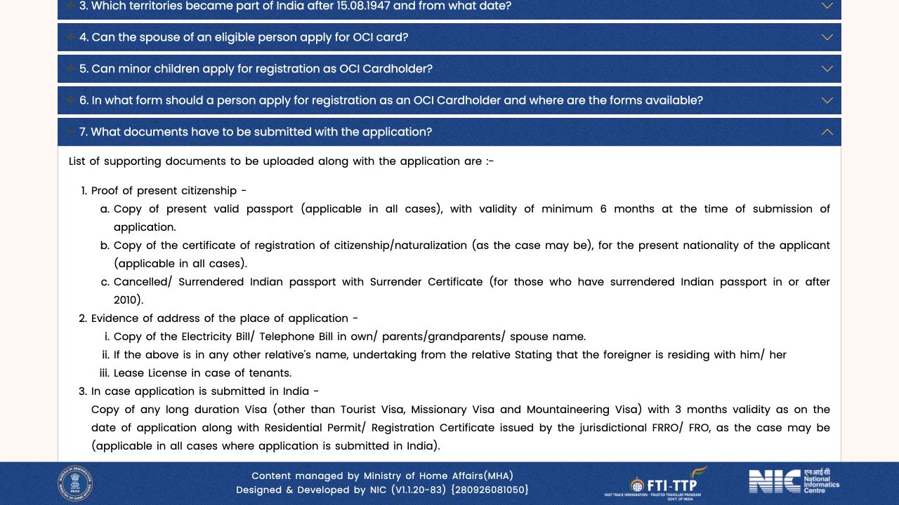 Official OCI FAQ Question 7 expanded with an excerpt of the citizenship and supporting-document checklist