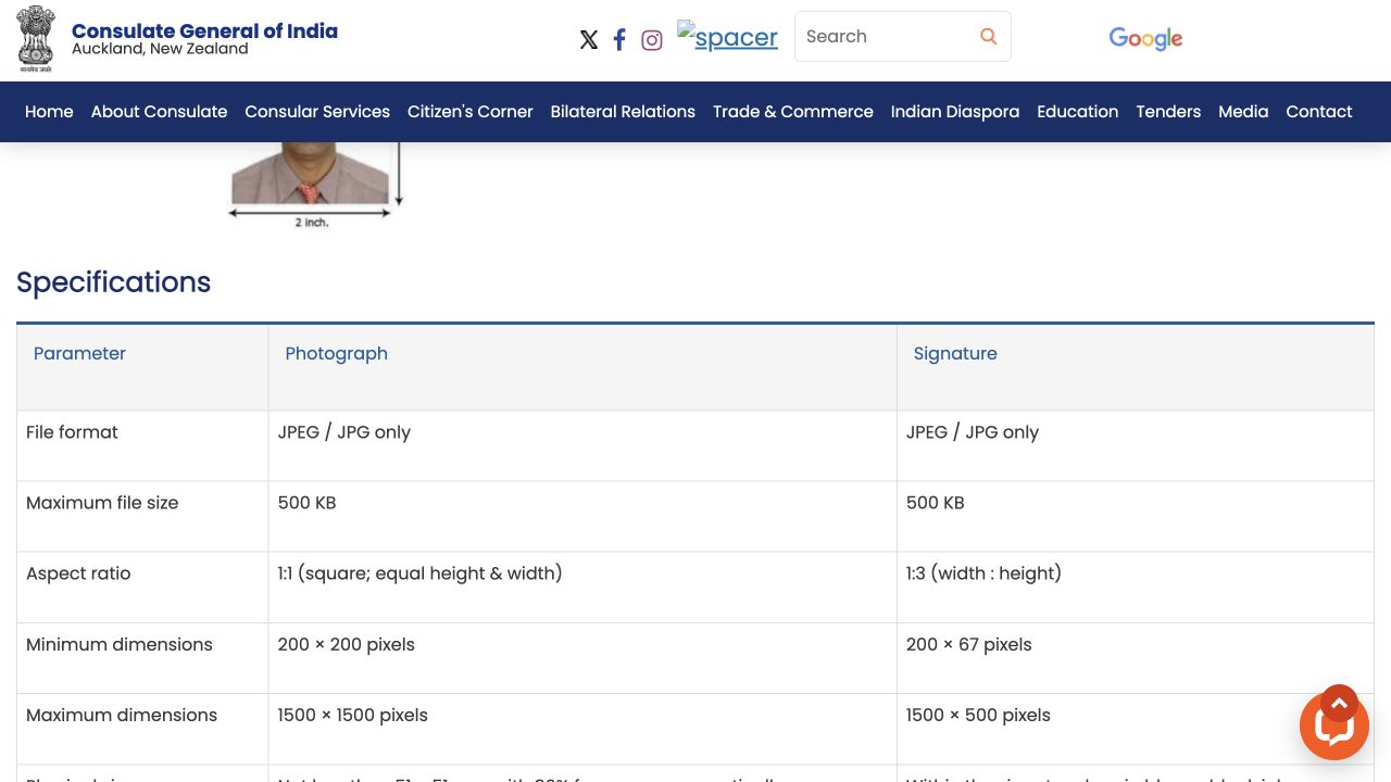 Indian Consulate Auckland OCI table showing signature file format, size and minimum 200 by 67 and maximum 1500 by 500 pixels
