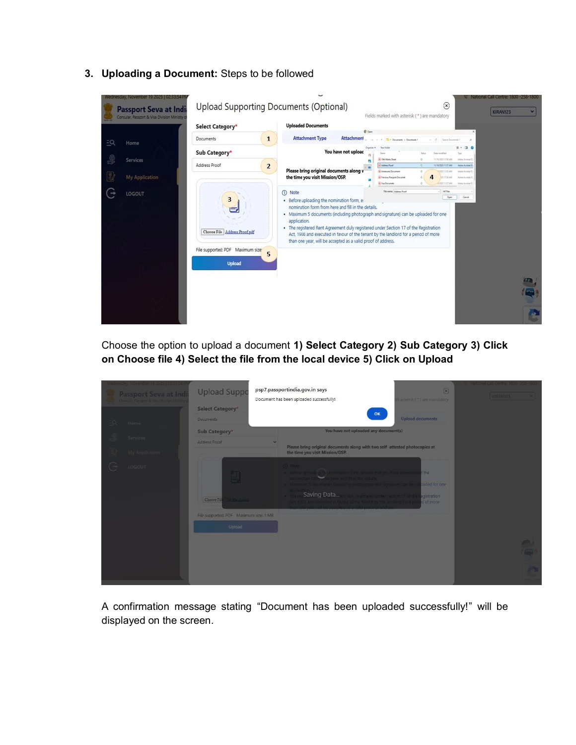 Official mission portal manual page 3 showing document category, subcategory, choose file, upload and successful upload confirmation