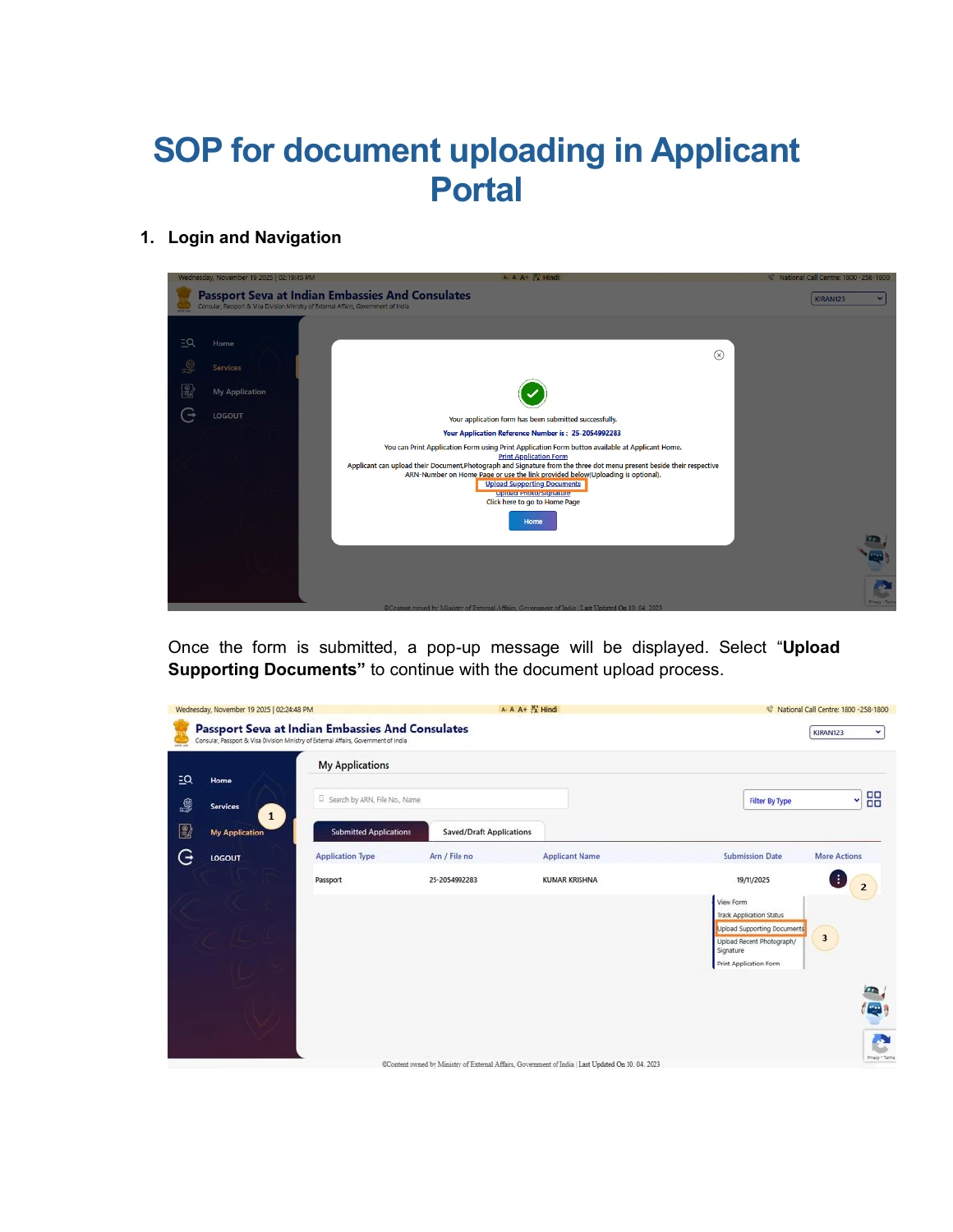 Official mission portal manual page 1 showing the My Applications menu and separate photograph/signature and supporting-document upload options