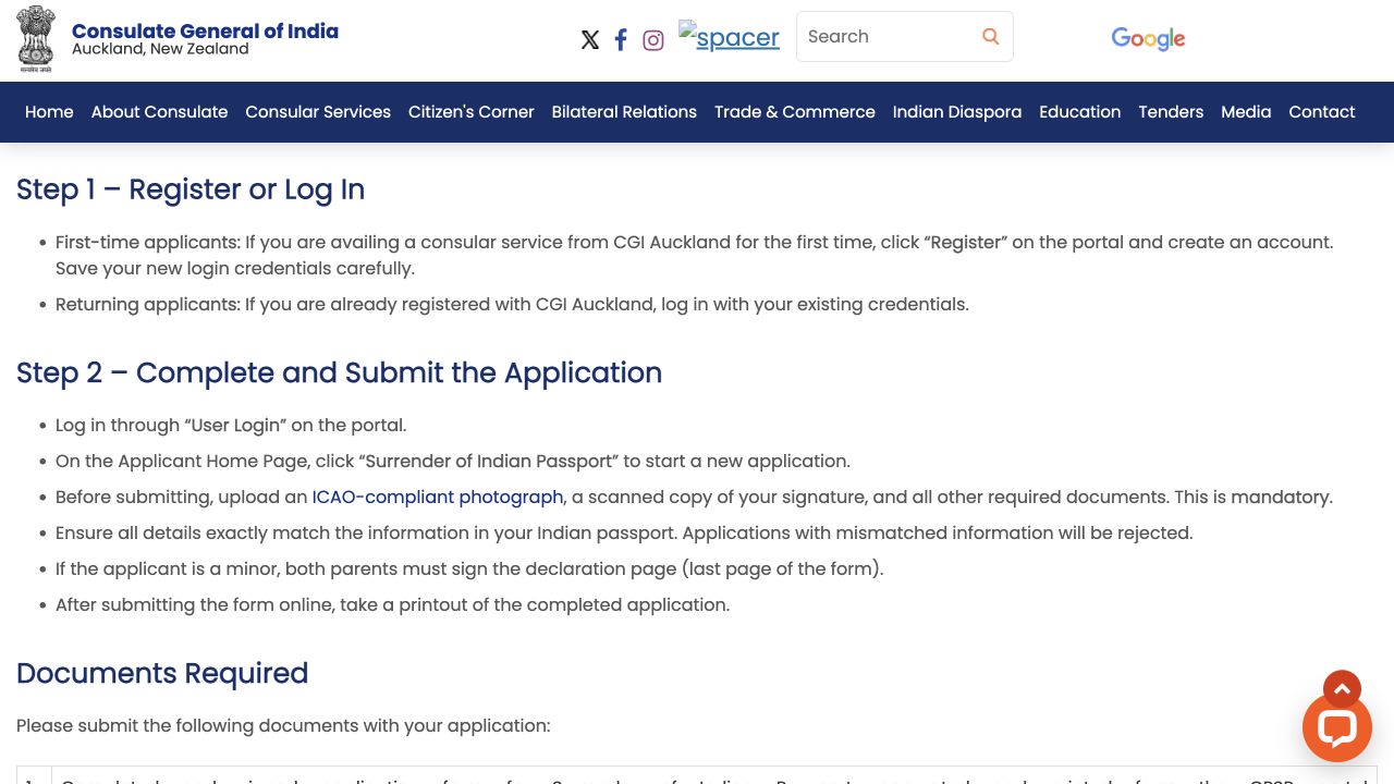 Indian Consulate Auckland passport surrender instructions showing register or login and select Surrender of Indian Passport