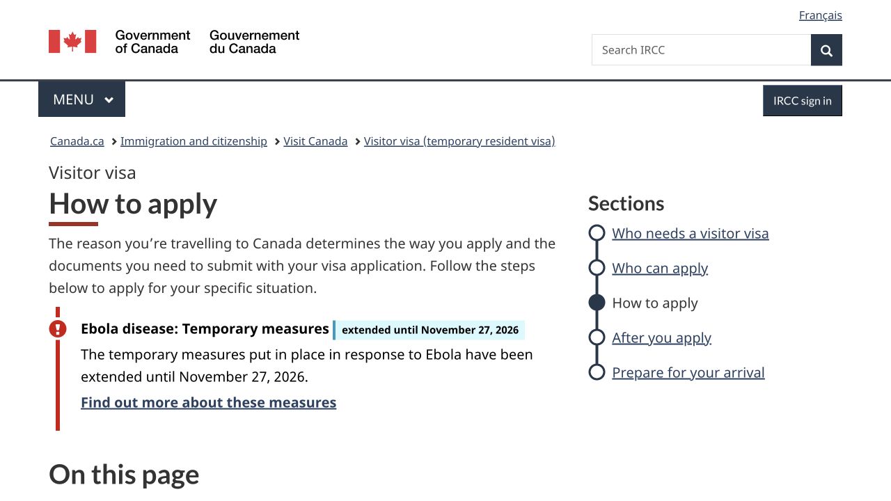 IRCC — visitor visa application guidance — actual public entry page, without applicant information