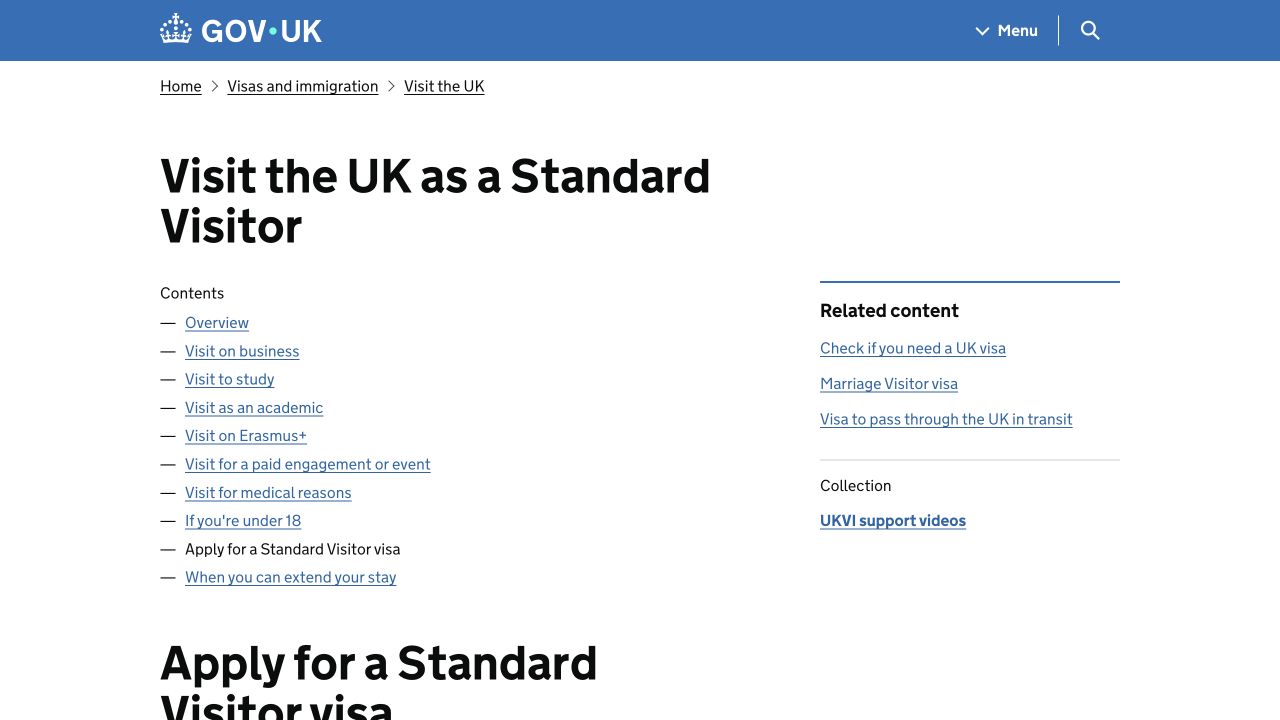 GOV.UK — Standard Visitor application guidance — actual public entry page, without applicant information