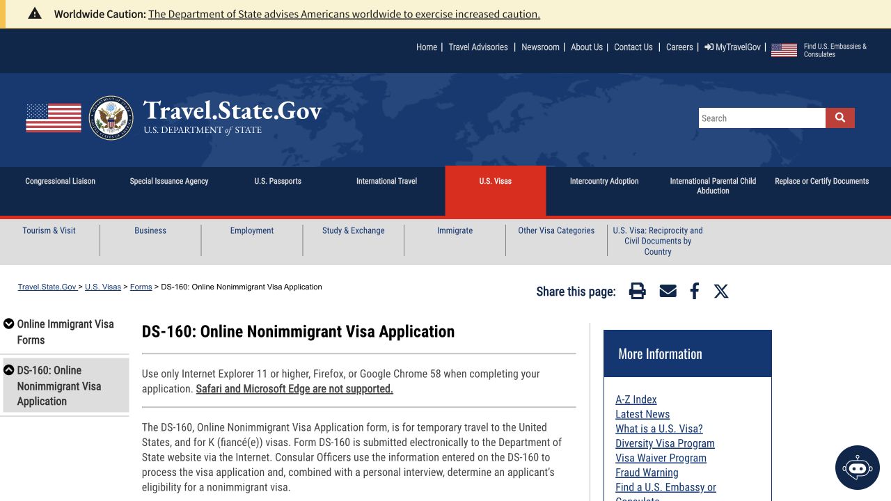 US Department of State — DS-160 public introduction — actual public entry page, without applicant information